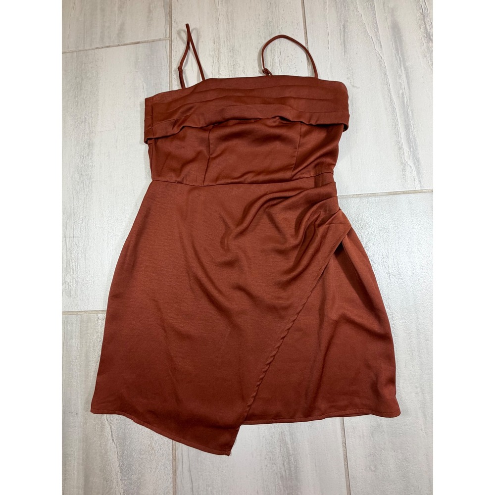 Sadie & Sage Luxe Rust Brown Satin Pleated Wrap Tulip Hem Mini Dress